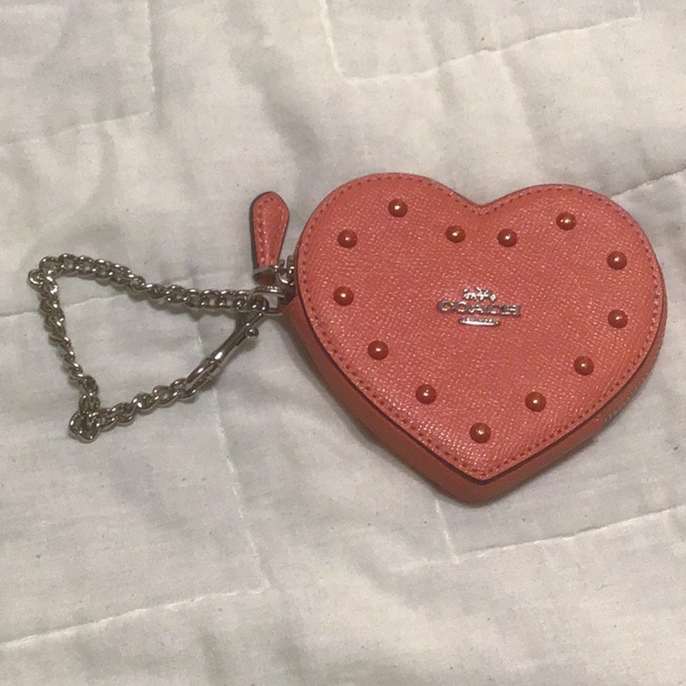 Coach coral heart zipper change purse with chain